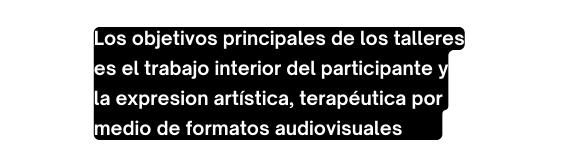 Los objetivos principales de los talleres es el trabajo interior del participante y la expresion artística terapéutica por medio de formatos audiovisuales